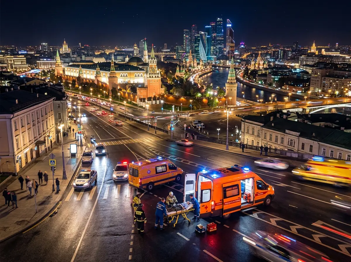 Ночная Москва с высоты, огни города, медицинский вызов ночью, атмосфера срочности и профессионализма